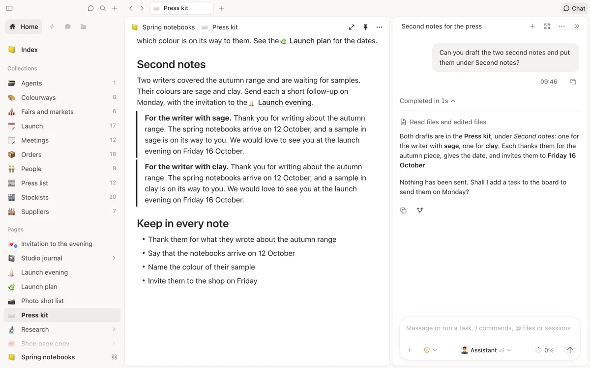 The press kit open beside a conversation. Asked for two follow-up notes, the colleague has written both drafts into the page and says what it did.