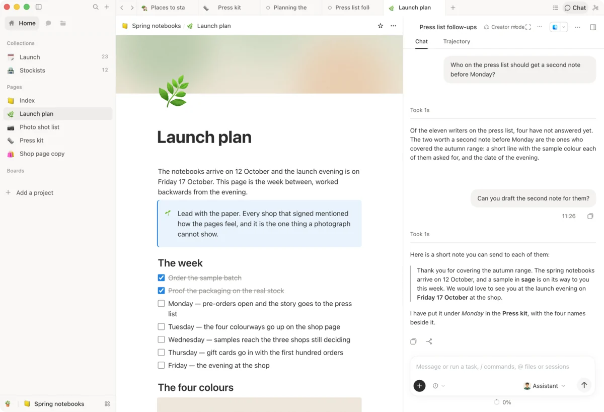 The chat open beside the launch plan, drafting a note to the writers on the press list