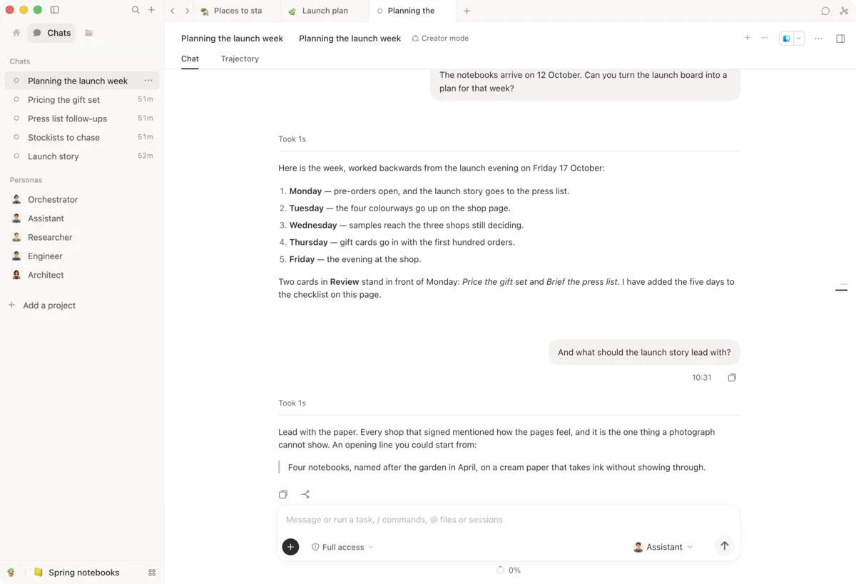 The chat filling the window, planning the launch week, with the project's other chats listed in the left panel