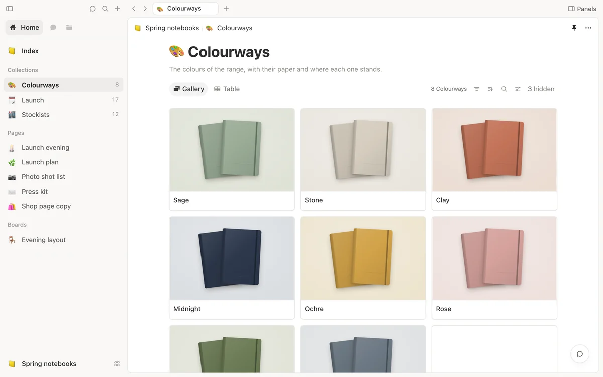 Eight notebook colours as a gallery of pictures: sage, stone, clay, midnight, ochre, rose, moss and slate