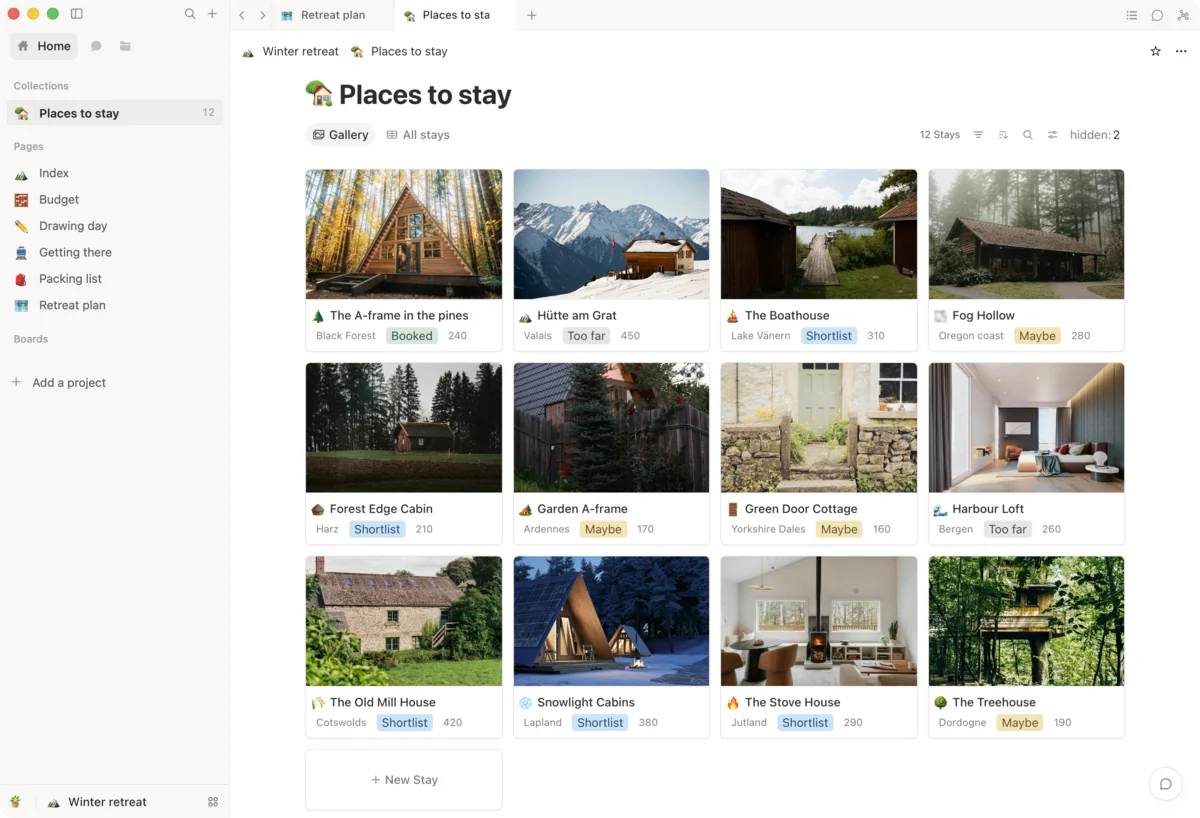 Twelve places to stay for a team retreat, as a gallery of photographs, each with its region, whether it is booked and its price a night