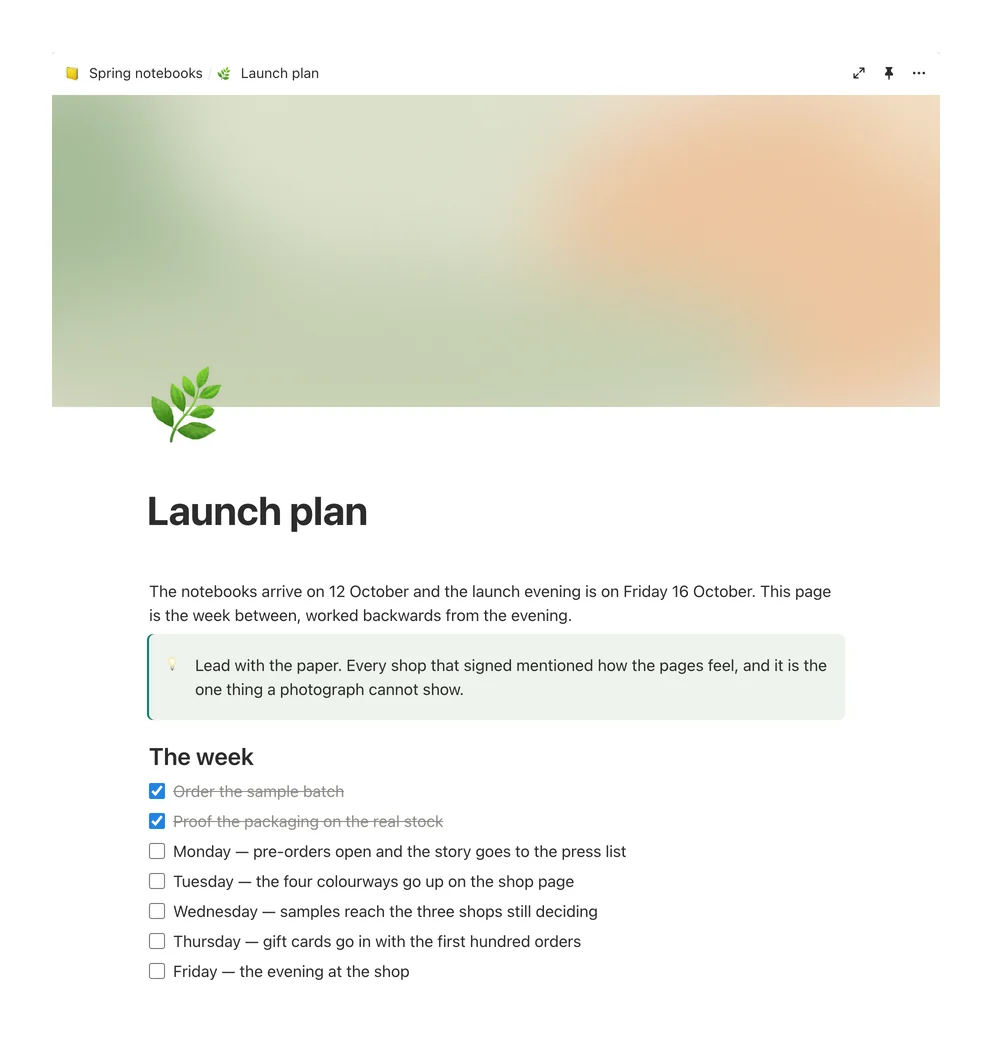 The launch plan as Shtukbase draws it: its cover, its icon and title, a note, and the week as a checklist