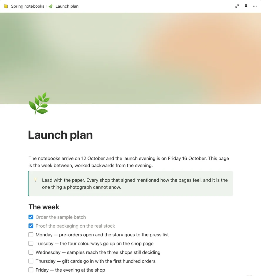 The launch plan as Shtukbase draws it: its cover, its icon and title, a note, and the week as a checklist